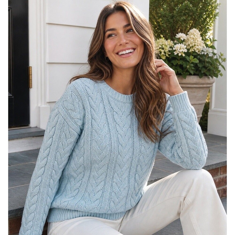 J Crew Cableknit Sweater Womens S Blue Cotton Crewneck Classic Spring